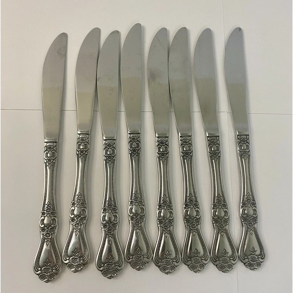 Set of 8 Rogers Co. Stanley Roberts PRECIOUS ROSE Stainless Knives Korea 8 3/8